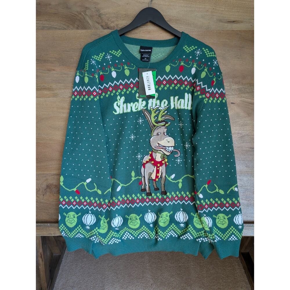 Dreamworks Shrek The Halls Donkey Holiday Sweater Mens 2X Green Long Sleeve NWT